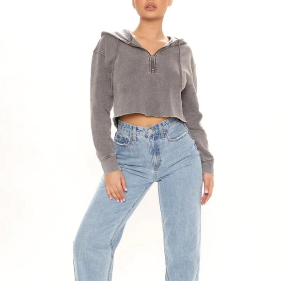 Grey Mineral Wash Cropped Hoodie - Picture 2 of 4